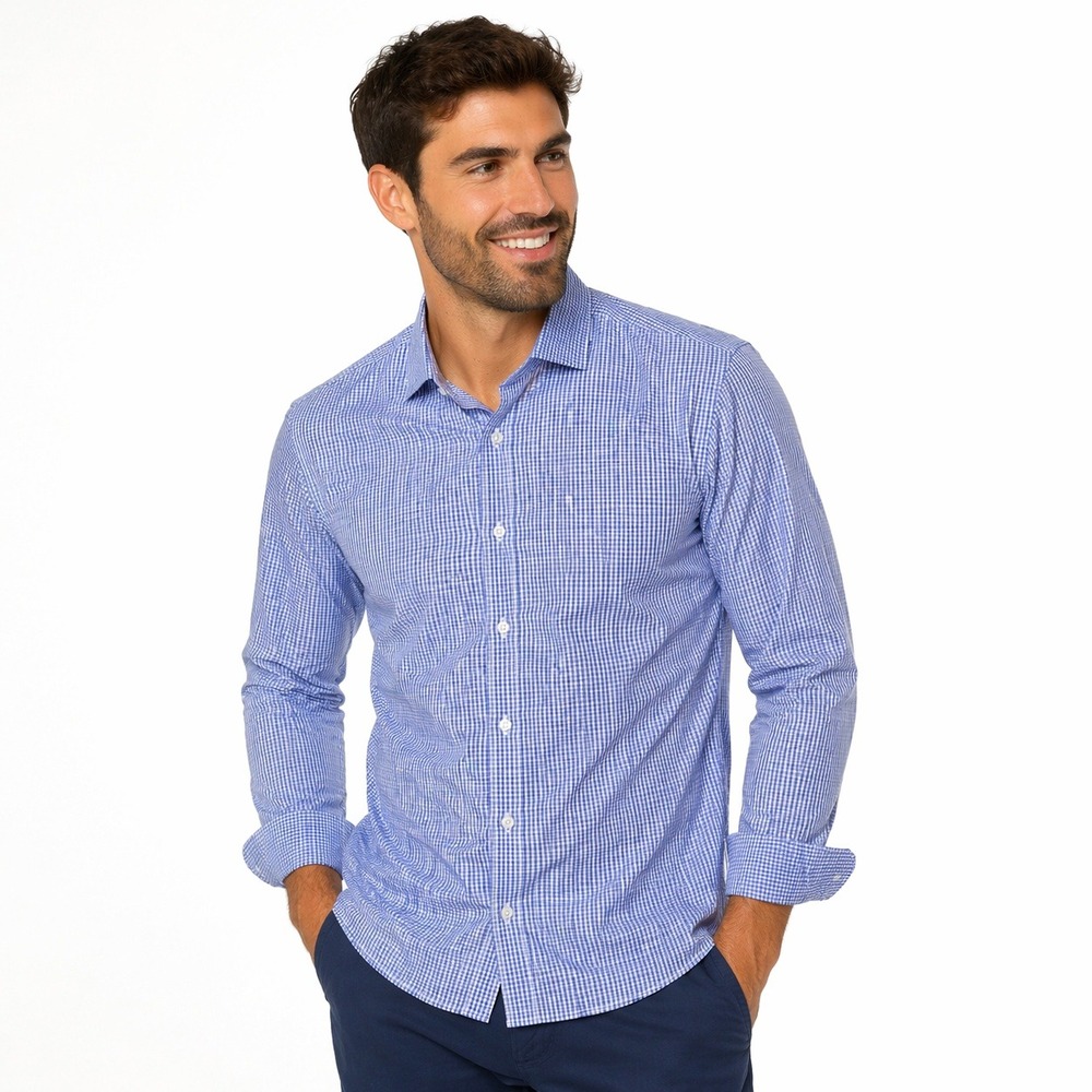 Nautica Men's Blue and White L Gingham Dress Shirt, Long Sleeve,Classic Fit